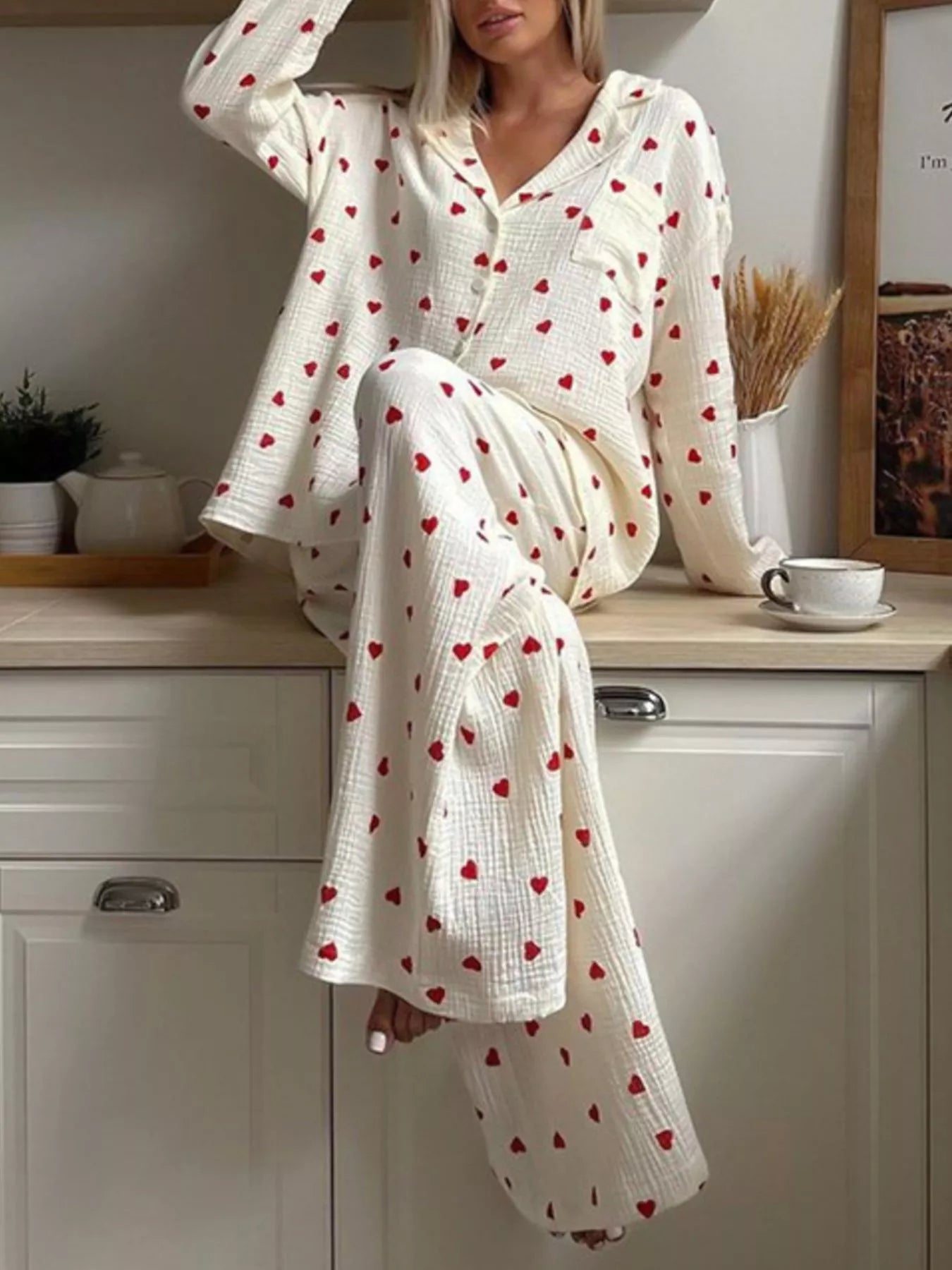 Heart Print Long Sleeve Top and Pants Lounge Set