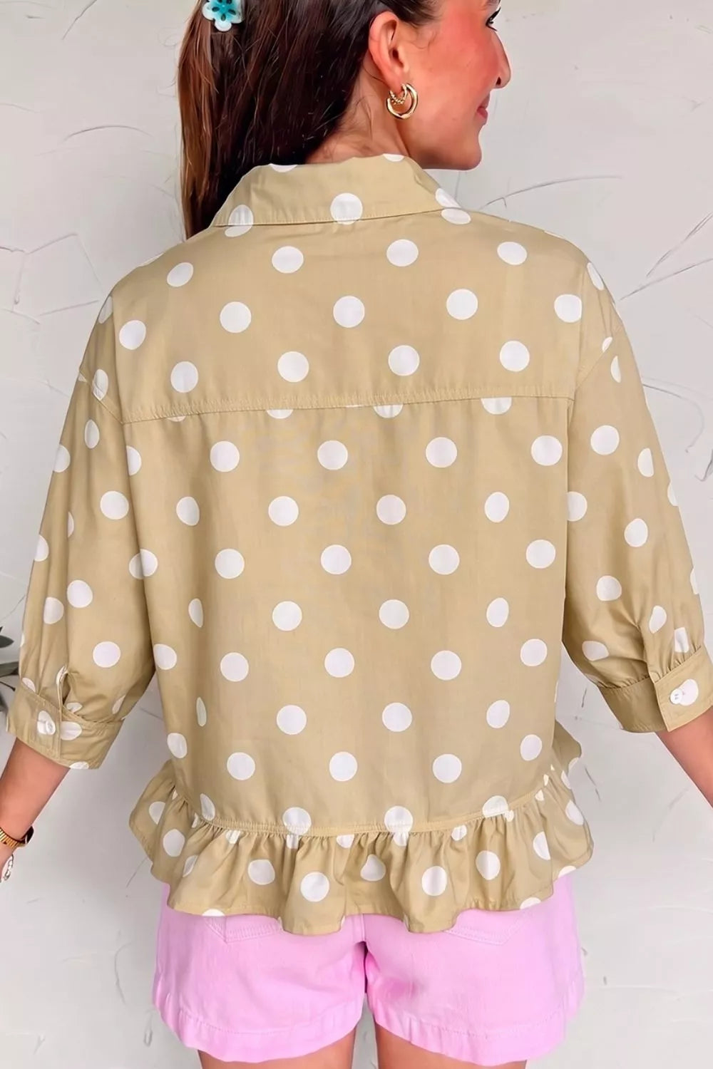 Polka Dot Print Three‑Quarter‑Sleeve Ruffle Hem Casual Shirt