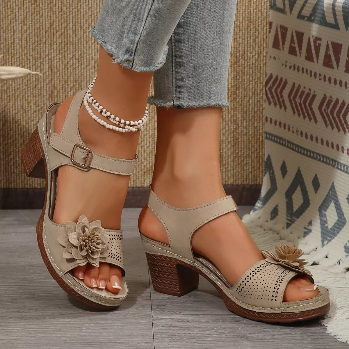 Floral Decor Buckle Ankle Strap Block Heel Sandals