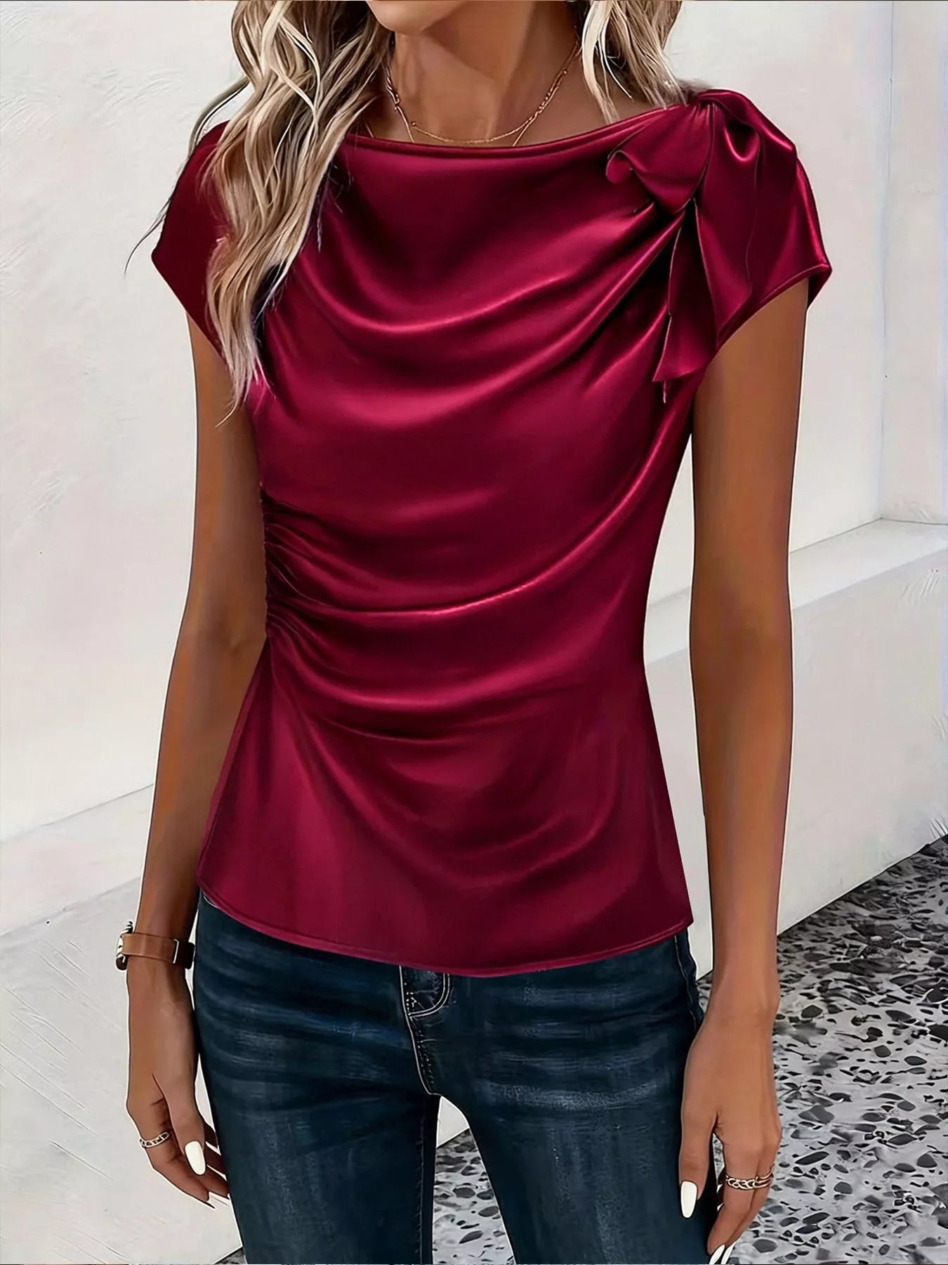 Ruched Short Sleeve Satin Top