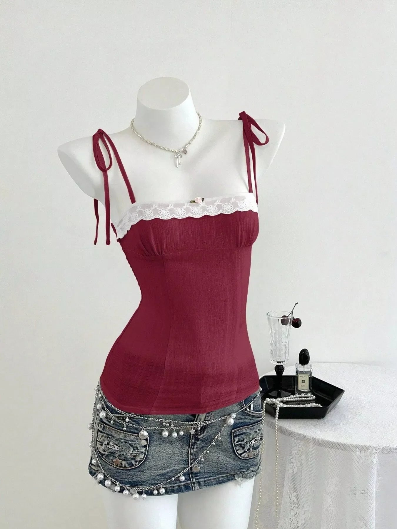 Lace-Trimmed Tie Shoulder Cami