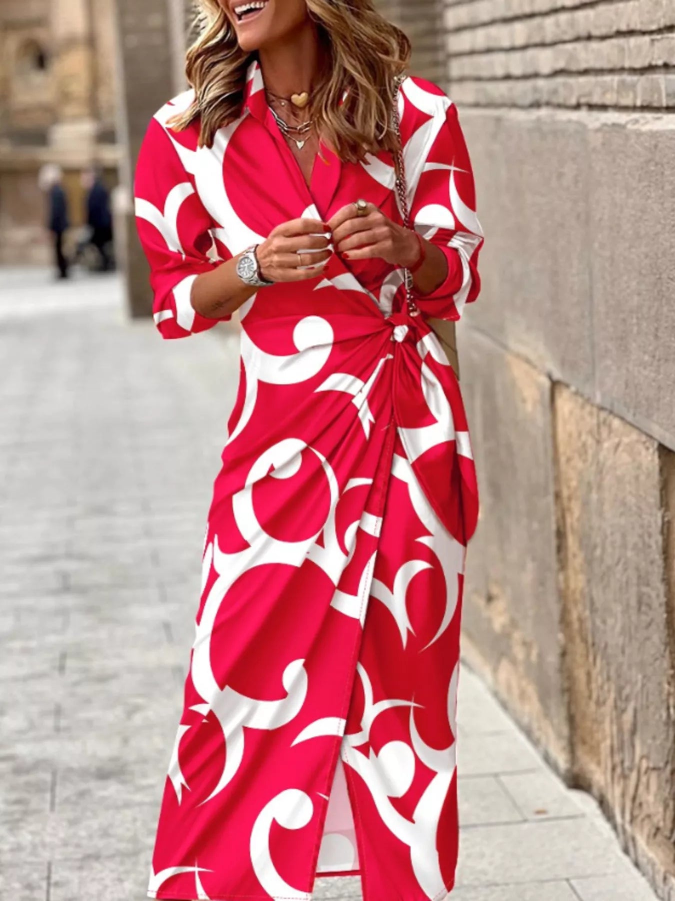 Abstract Print Wrap Midi Dress