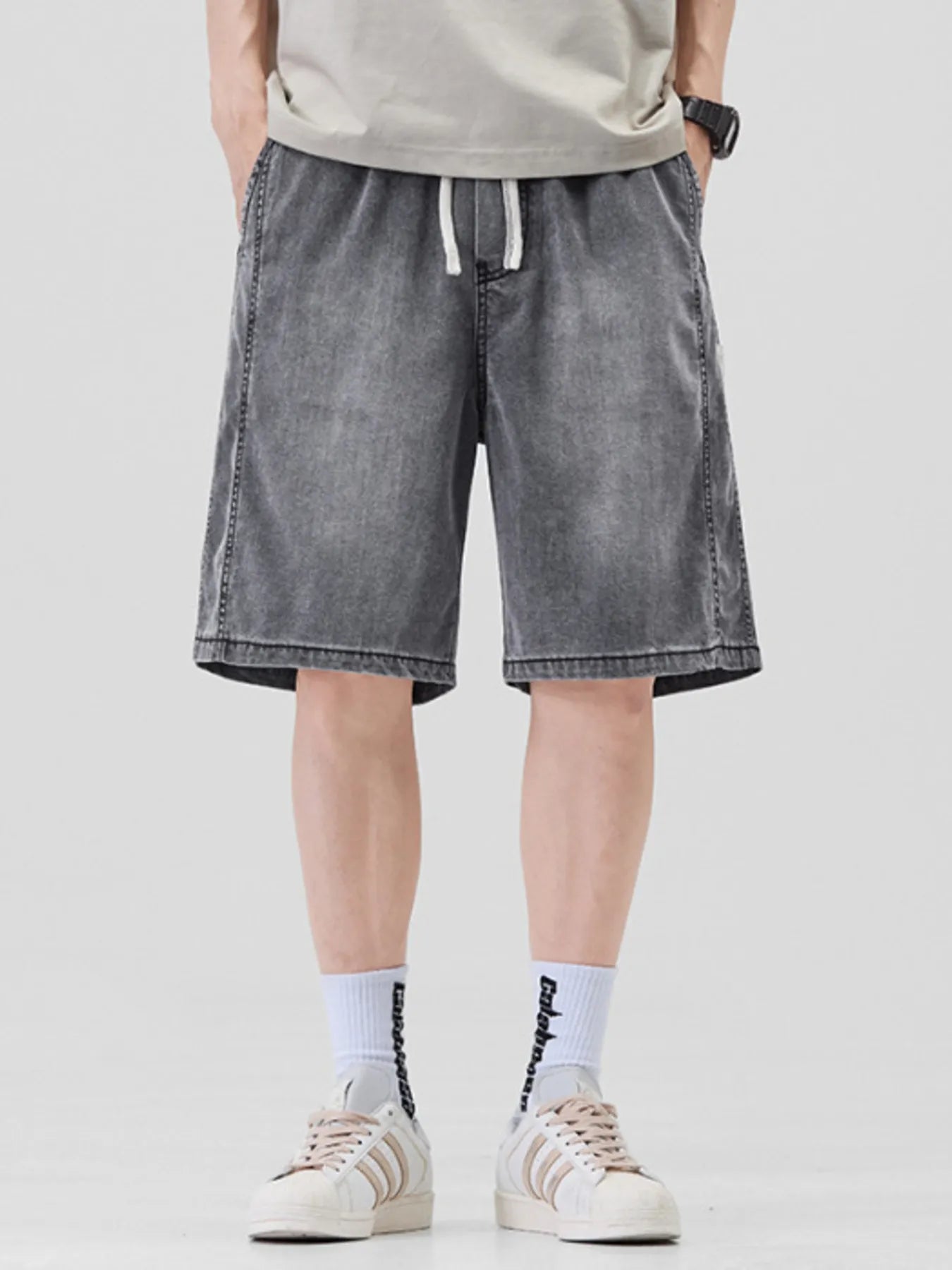 Men's Plus Size Casual Loose Fit Denim Shorts with Drawstring