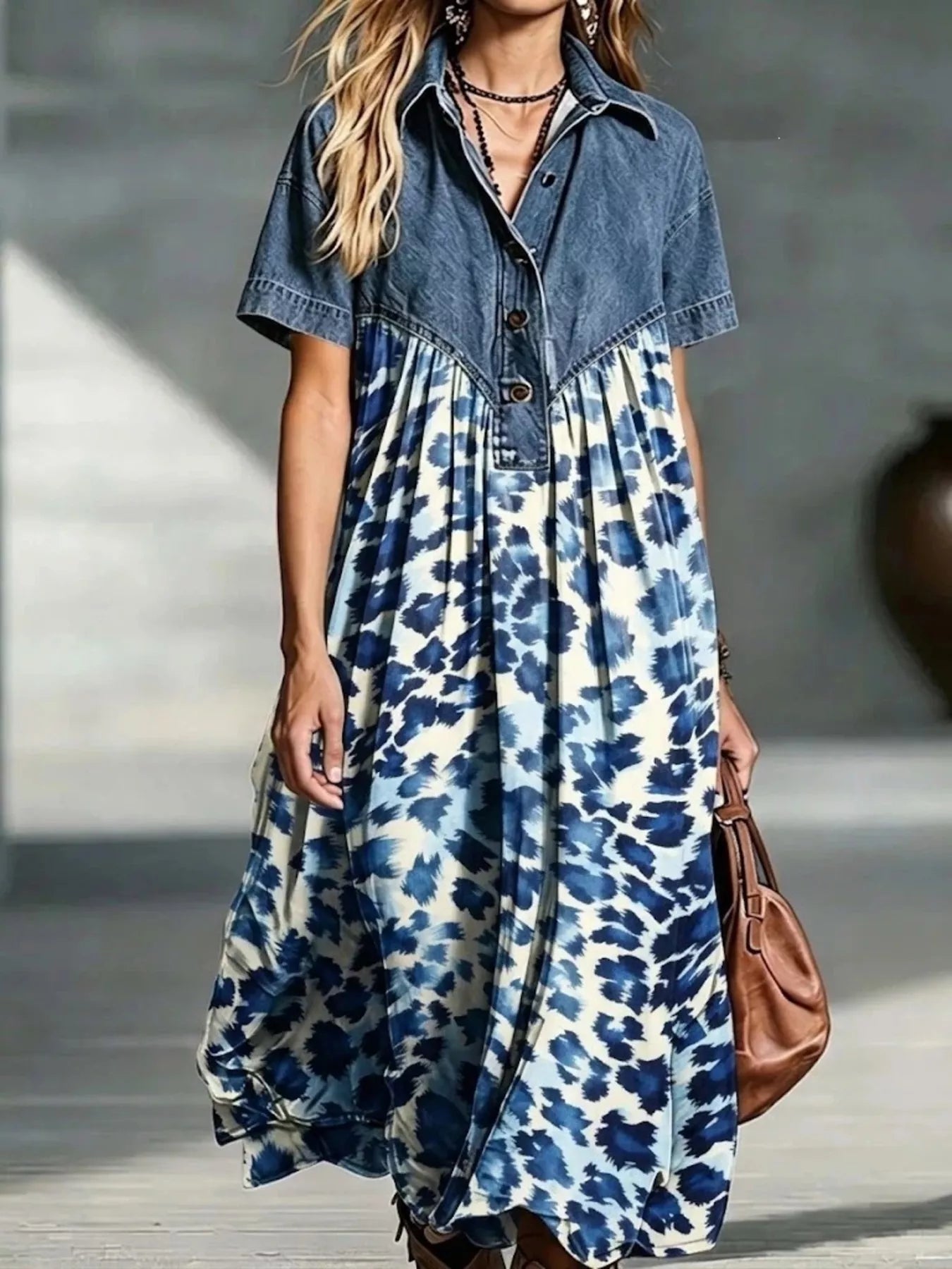Full Size Denim Patchwork Printed Shirt Dress Plus Size