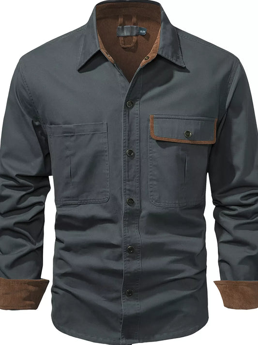Men's Casual Long Sleeve Button-Down Shirt with Pockets
