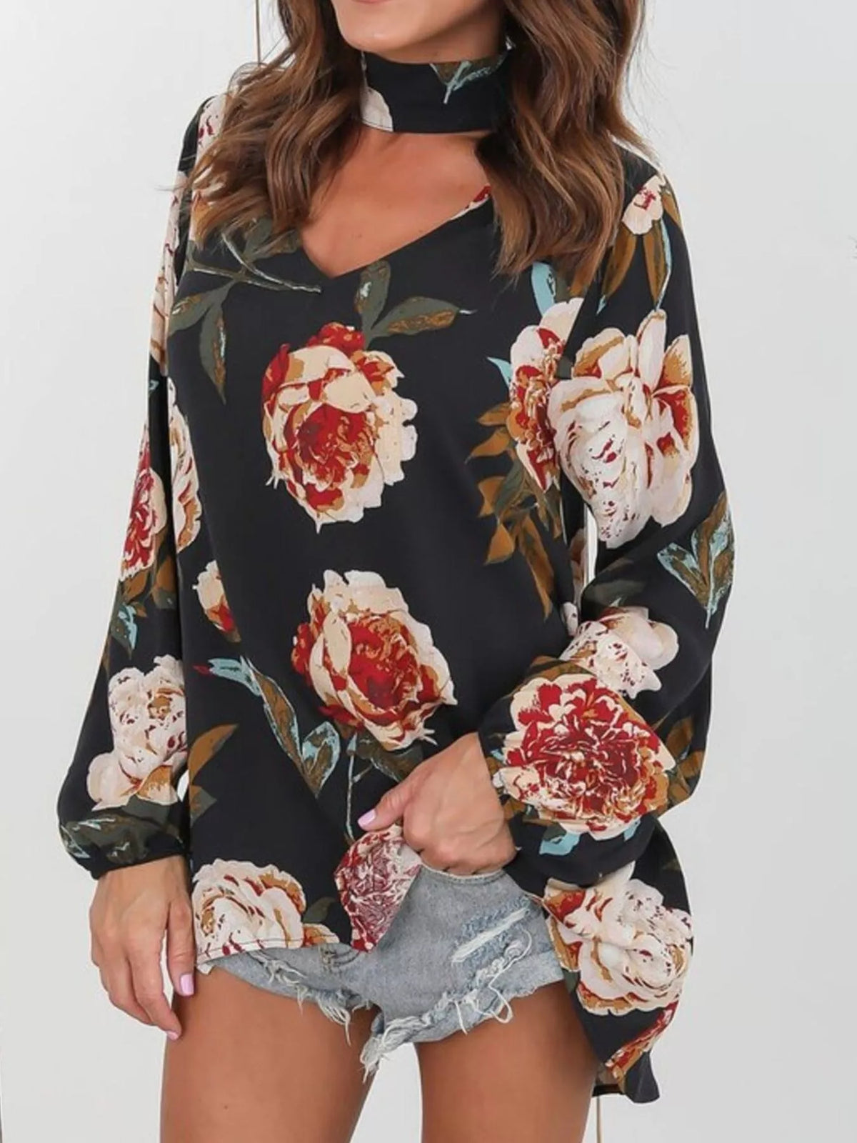 Full Size Floral Print Choker Neck Long Sleeve Blouse Plus Size
