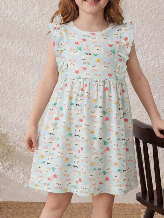 Children's Ruffle Sleeve Cartoon Print Dress