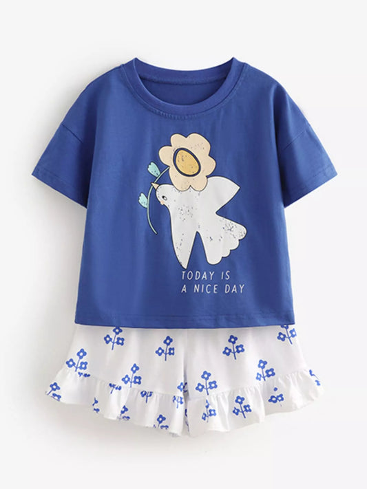 Children's Bird and Flower Print Top and Shorts Set