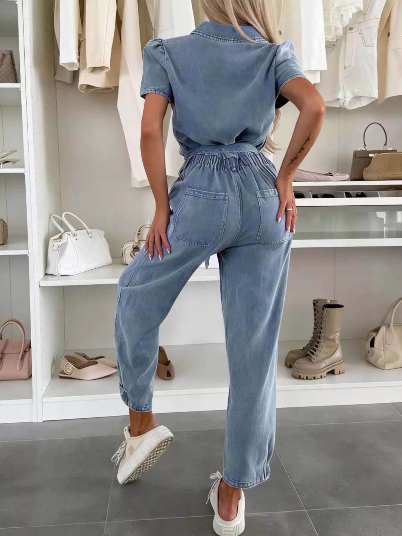 Vintage Wash Short Sleeve Denim Jumpsuit