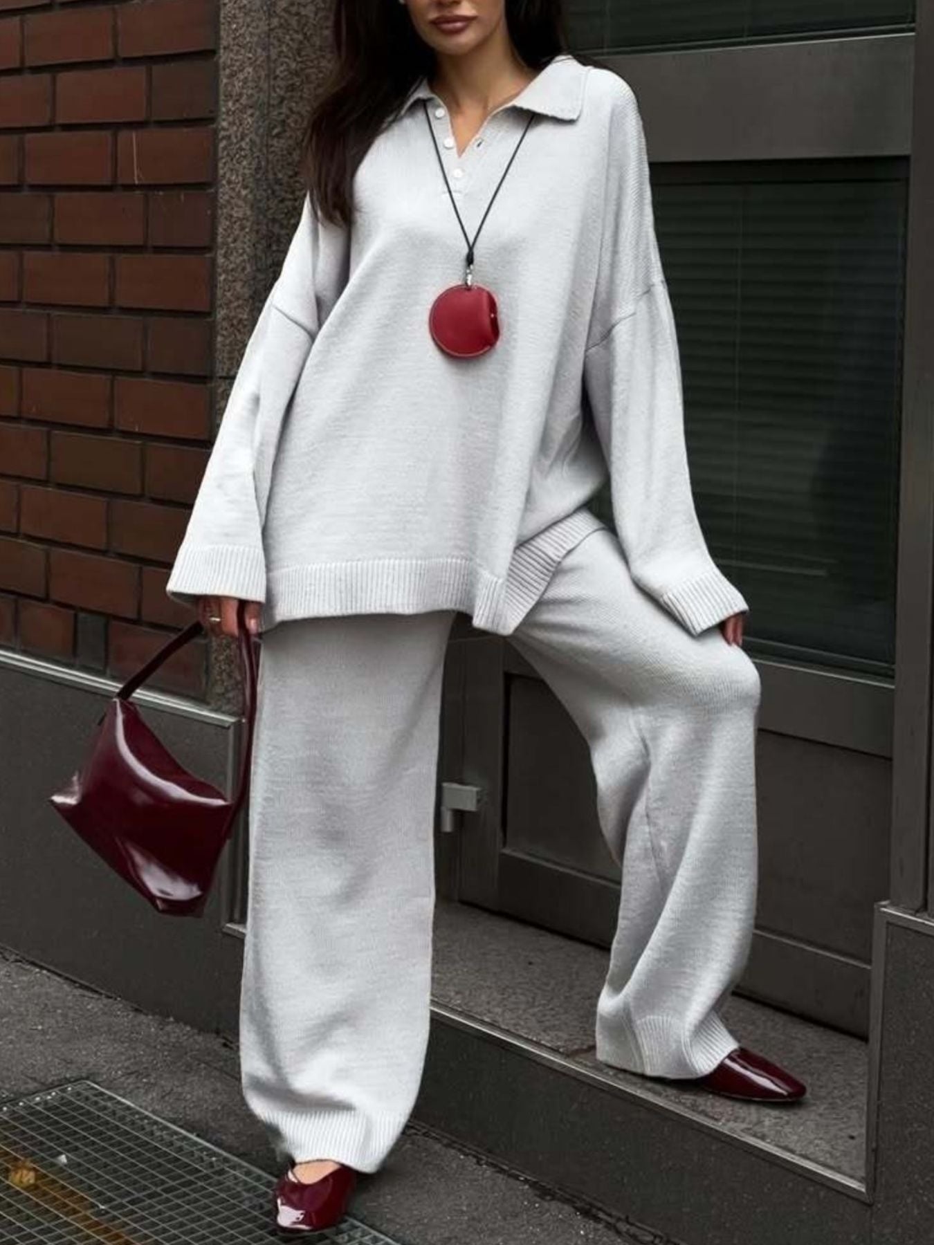 Polo Collar Top and Wide Leg Pants Knit Set