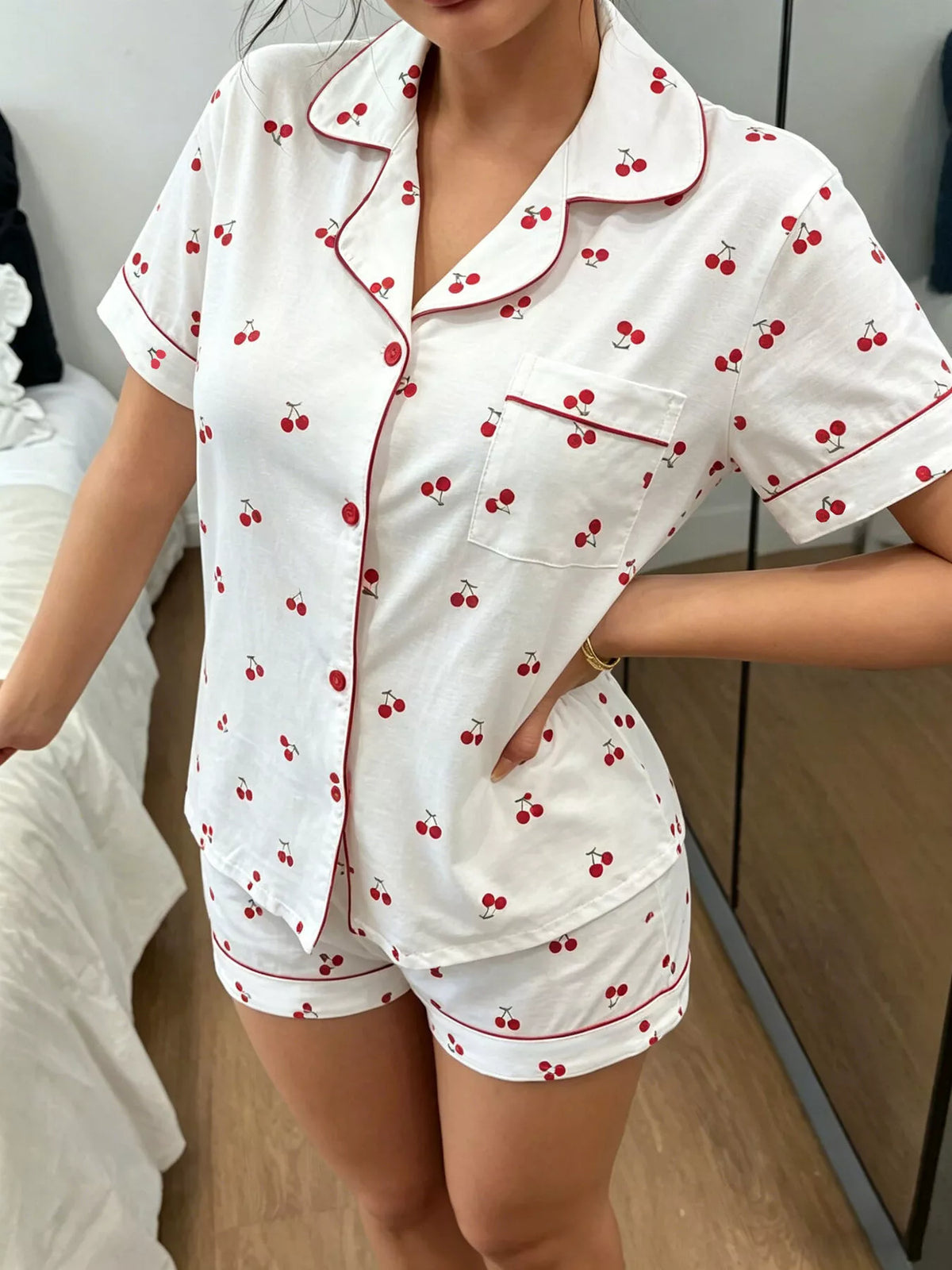 Heart Print Button-Down Short Sleeve Top and Shorts Lounge Set