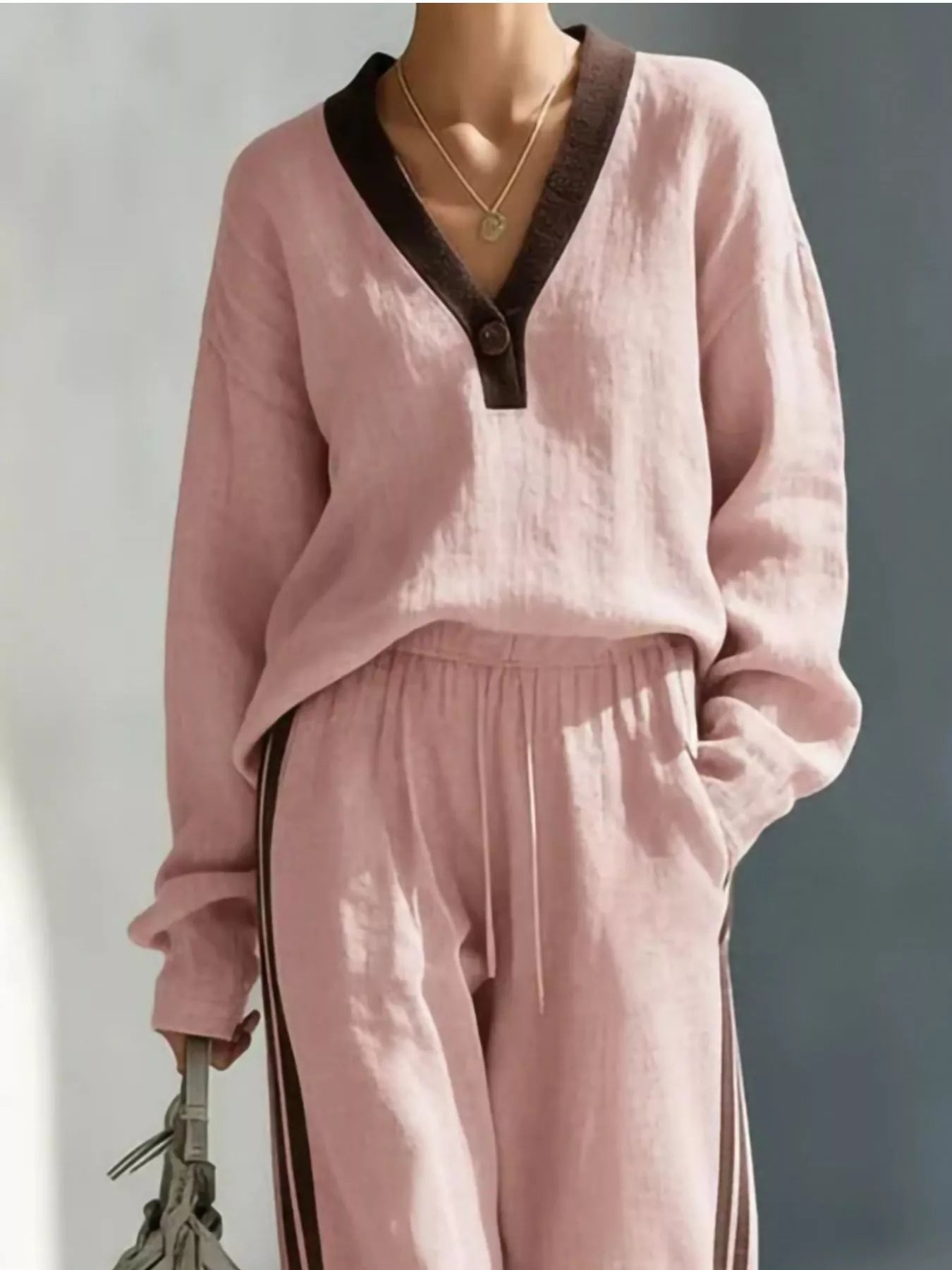 Contrast V-Neck Top and Striped Pants Set