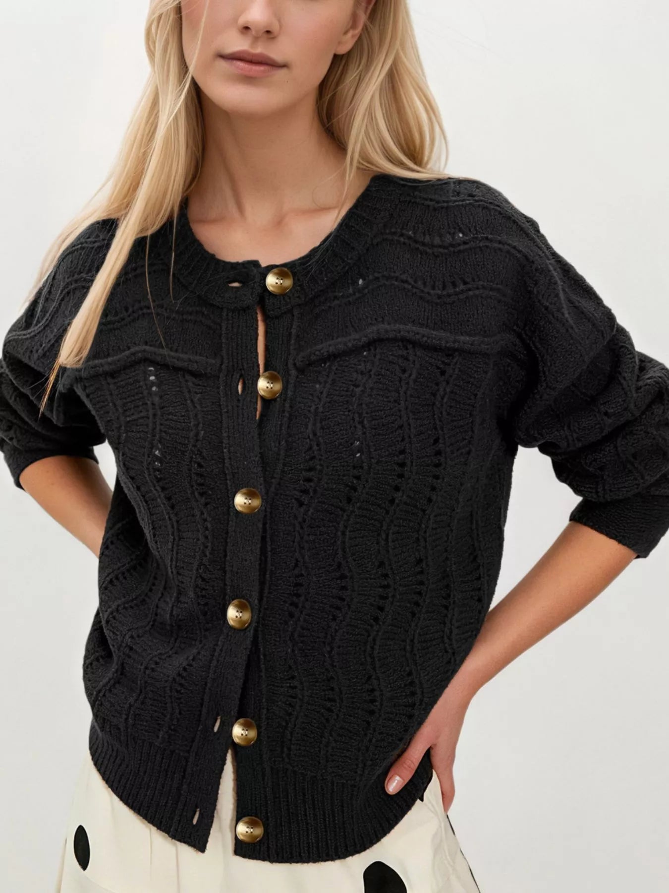Openwork Button-Down Knit Cardigan