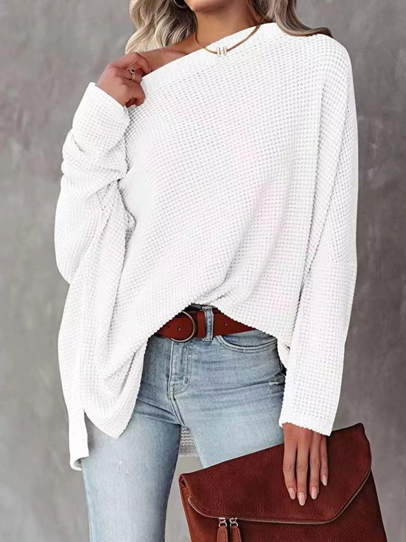 Boat Neck Waffle Knit Top