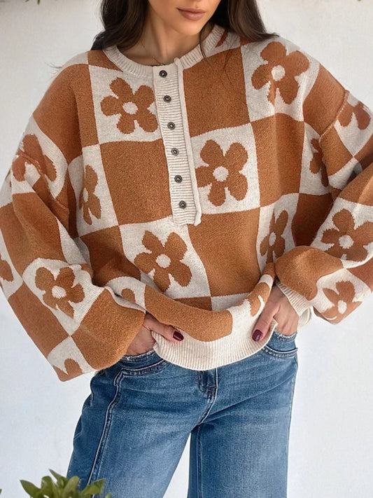 Flower Plaid Henley Baggy Sweater