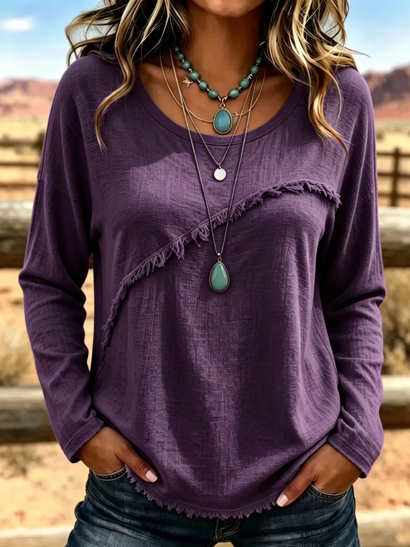 Full Size Fringe Detail Long Sleeve T-Shirt Plus Size