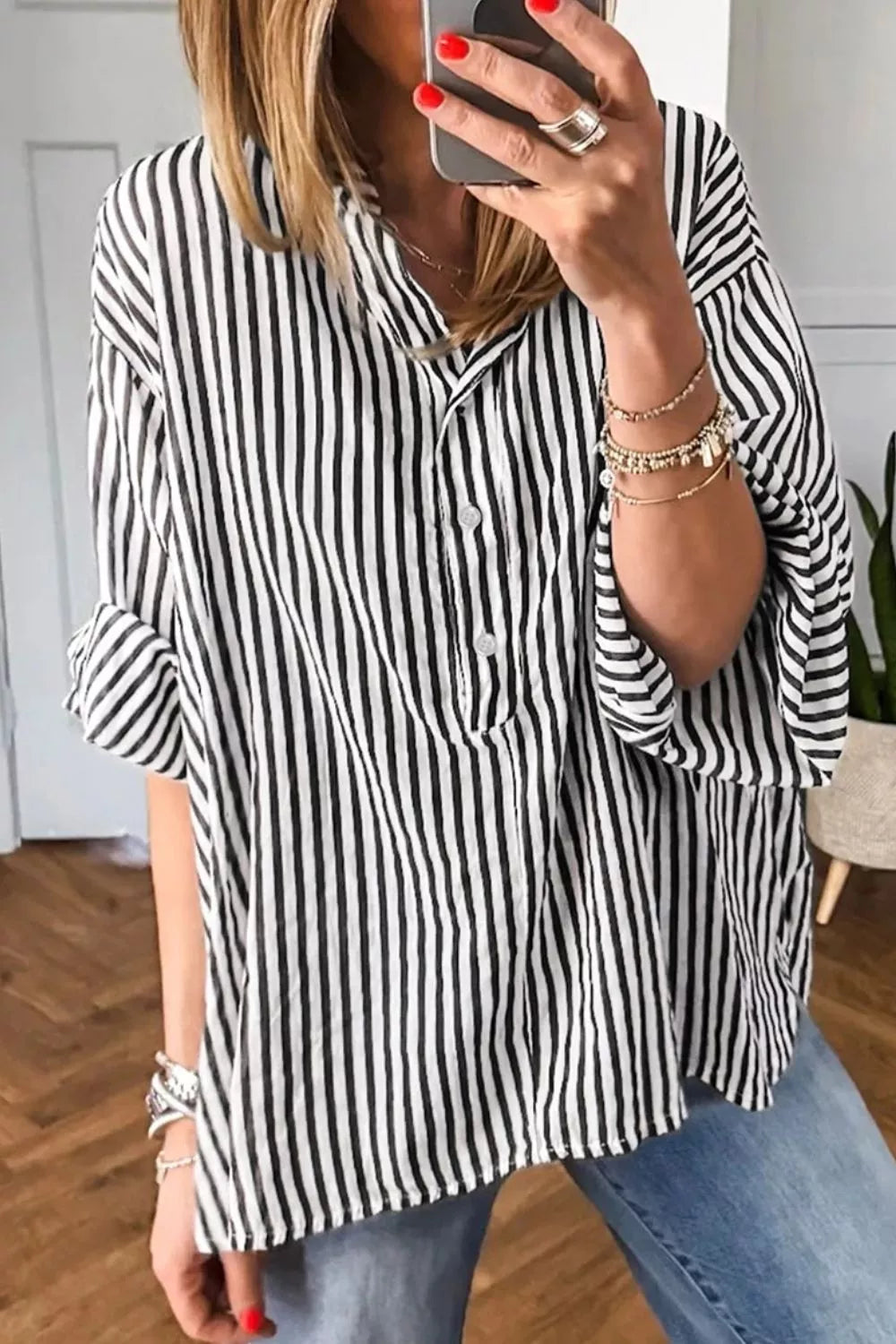 Striped Half Sleeve Button-Up Shirt