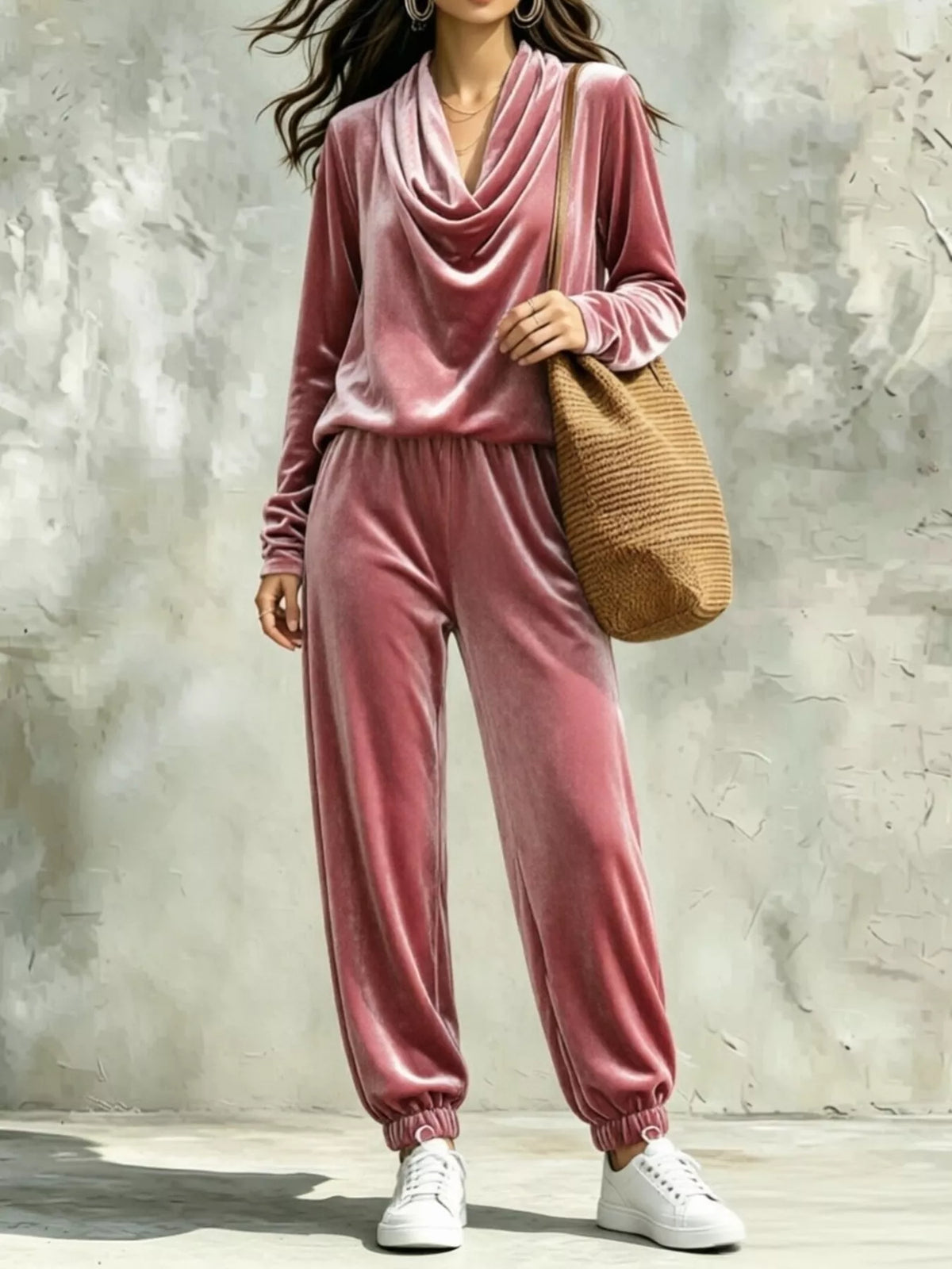 Full Size Velvet Cowl Neck Long Sleeve Top and Pants Set Plus Size
