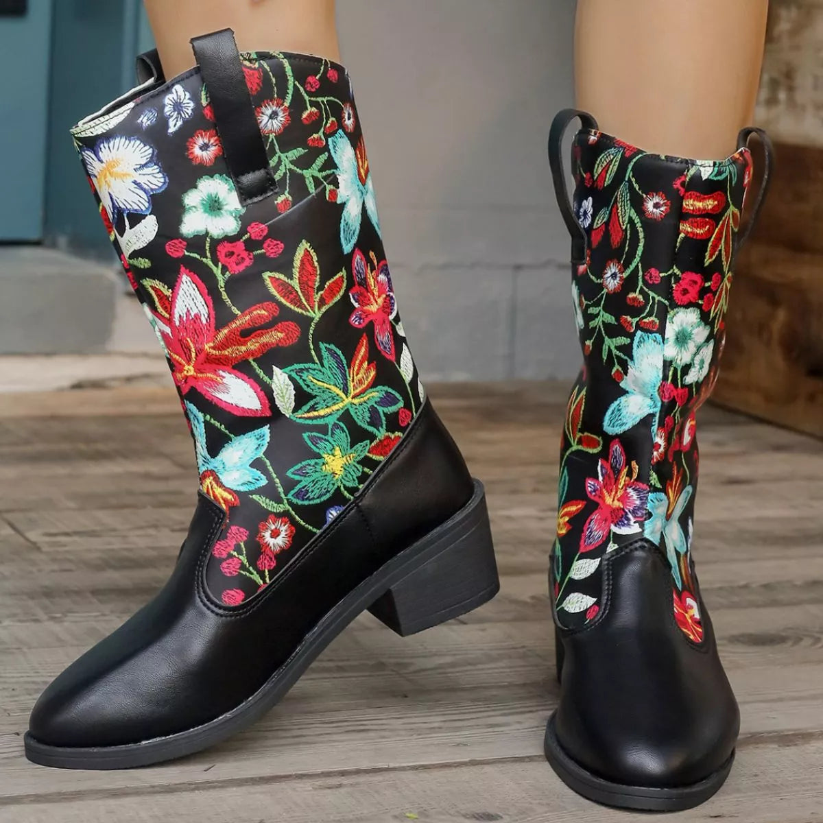 Floral Block Heel Boots