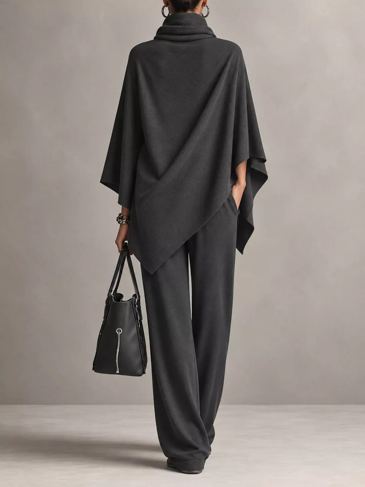 Full Size Turtleneck Poncho and Wide-Leg Pants Set Plus Size
