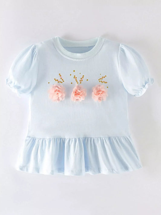 Children's Floral Applique Puff Sleeve Top with Ruffle Hem