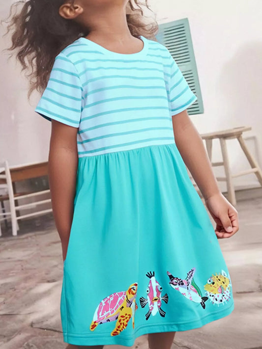 Children's Striped Turtle and Fish Embroidered Dress