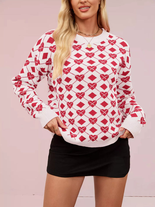Heart & Diamond Pattern Long Sleeve Sweater