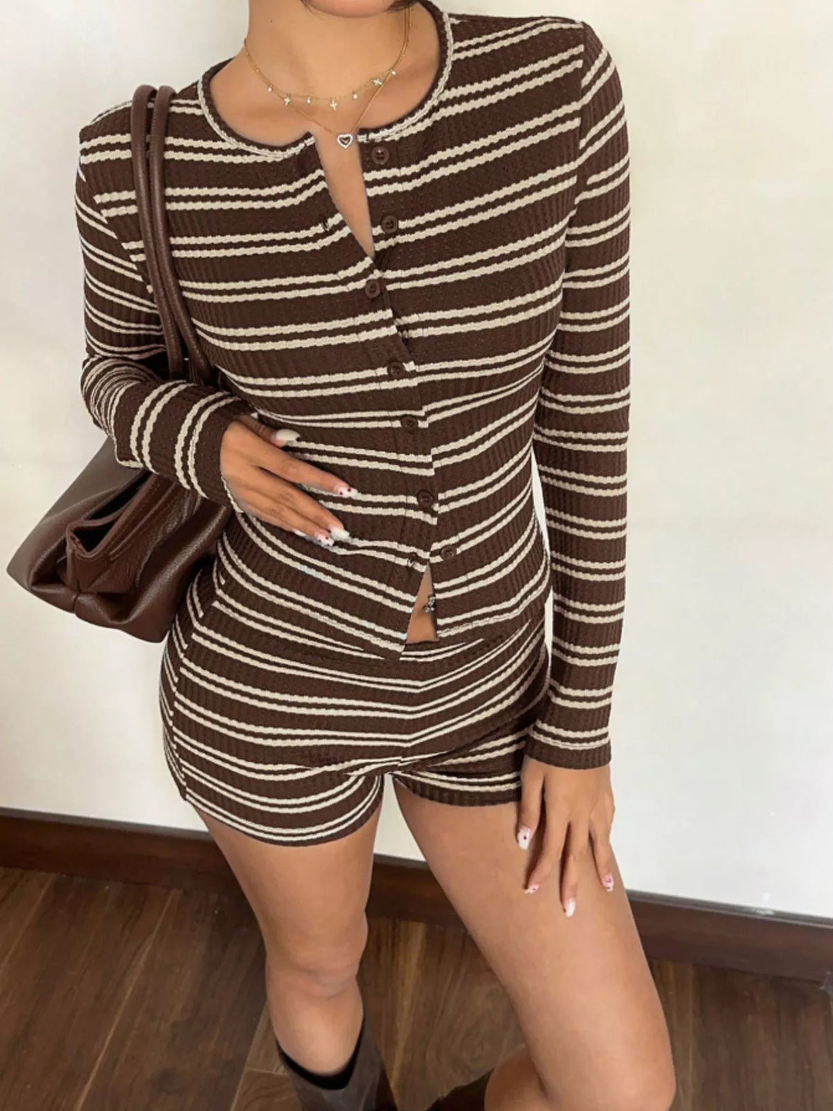 Striped Button-Down Cardigan and Shorts Set