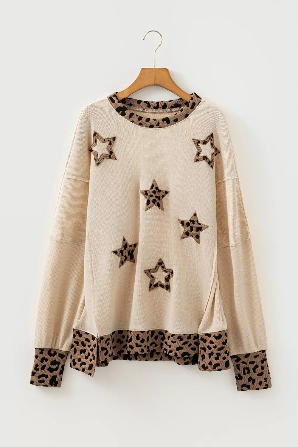 Contrast Leopard Star Patchwork Detail Raw Seam Baggy Sweatshirt
