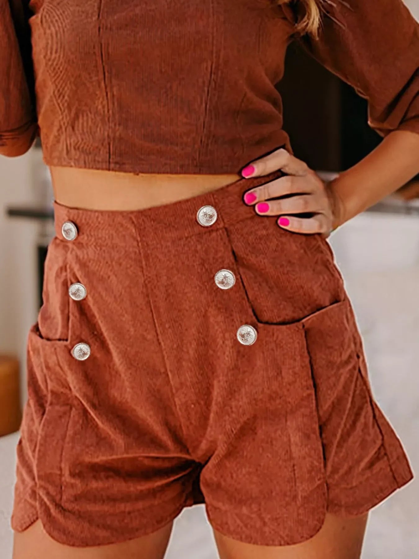 Button Decor Scalloped Edge High Waist Corduroy Shorts