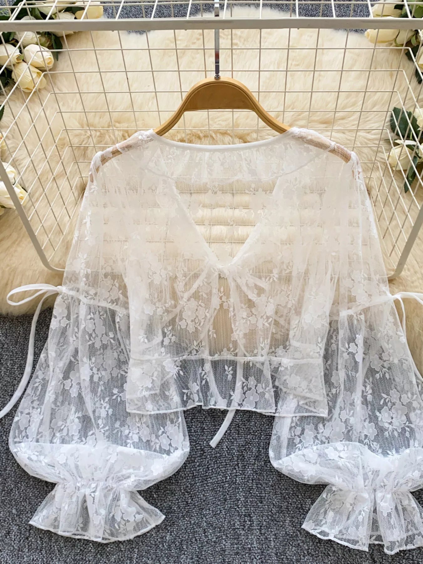 Sheer Lace Tie Front Flounce Sleeve Top