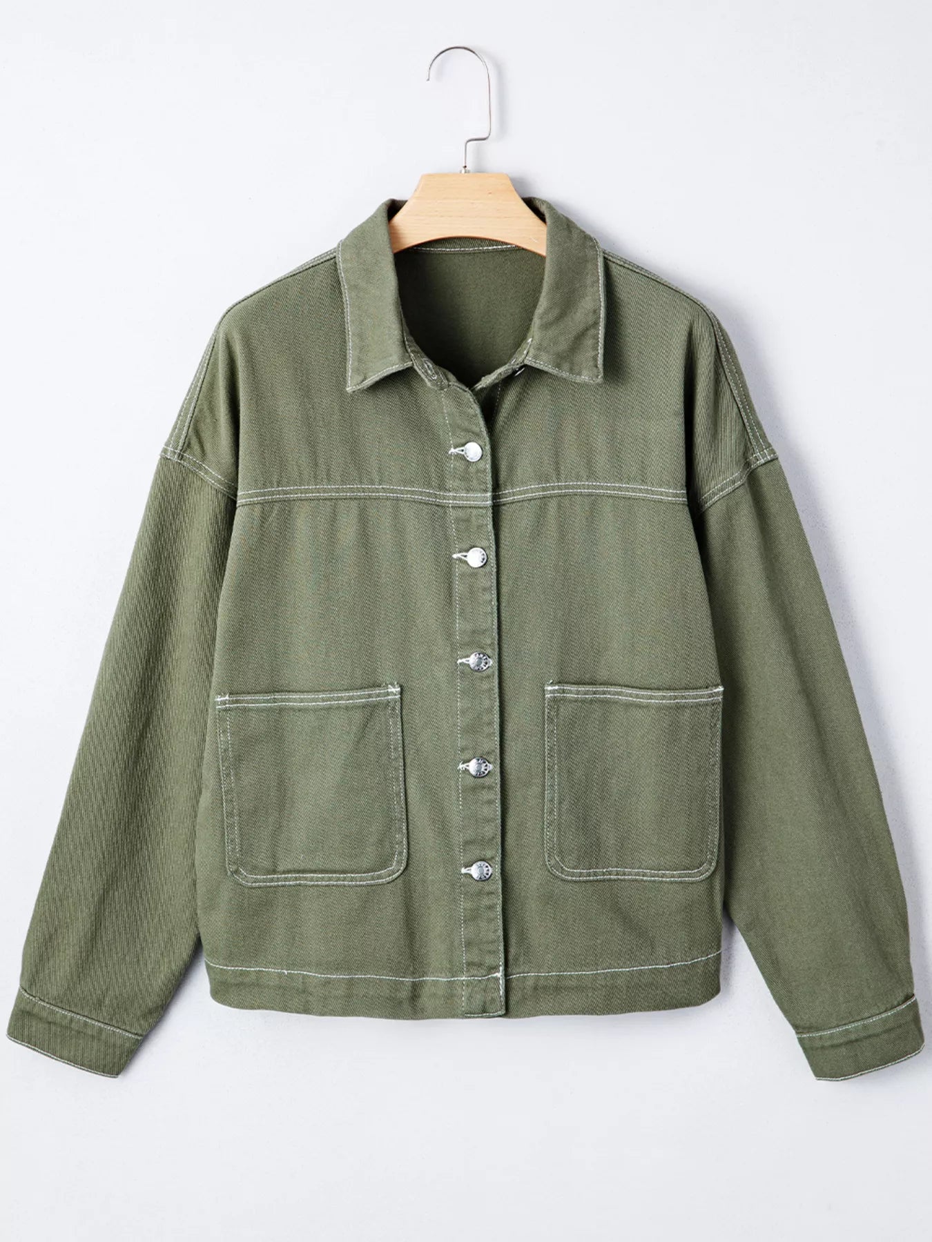 Patched Pocket Collared Button Front Boyfriend Denim Jacket
