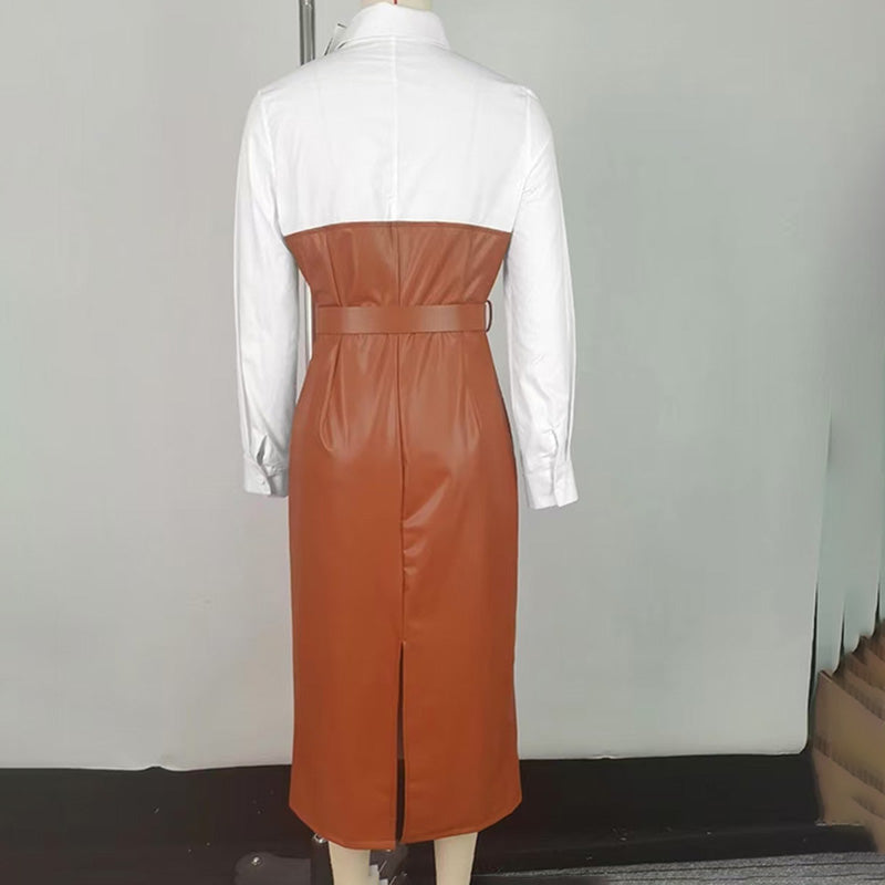 Women's Fashion V-Neck Long Sleeve Shirt Leather Trim Dress Belted Pocket Detail Bodycon Midi Dress