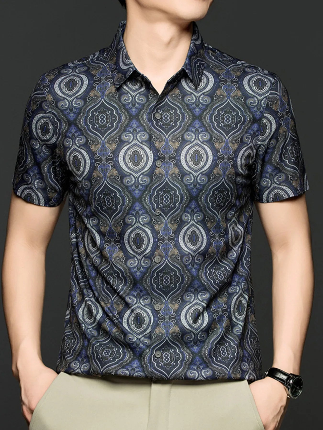 Men's Plus Size Printed Short Sleeve Blouse