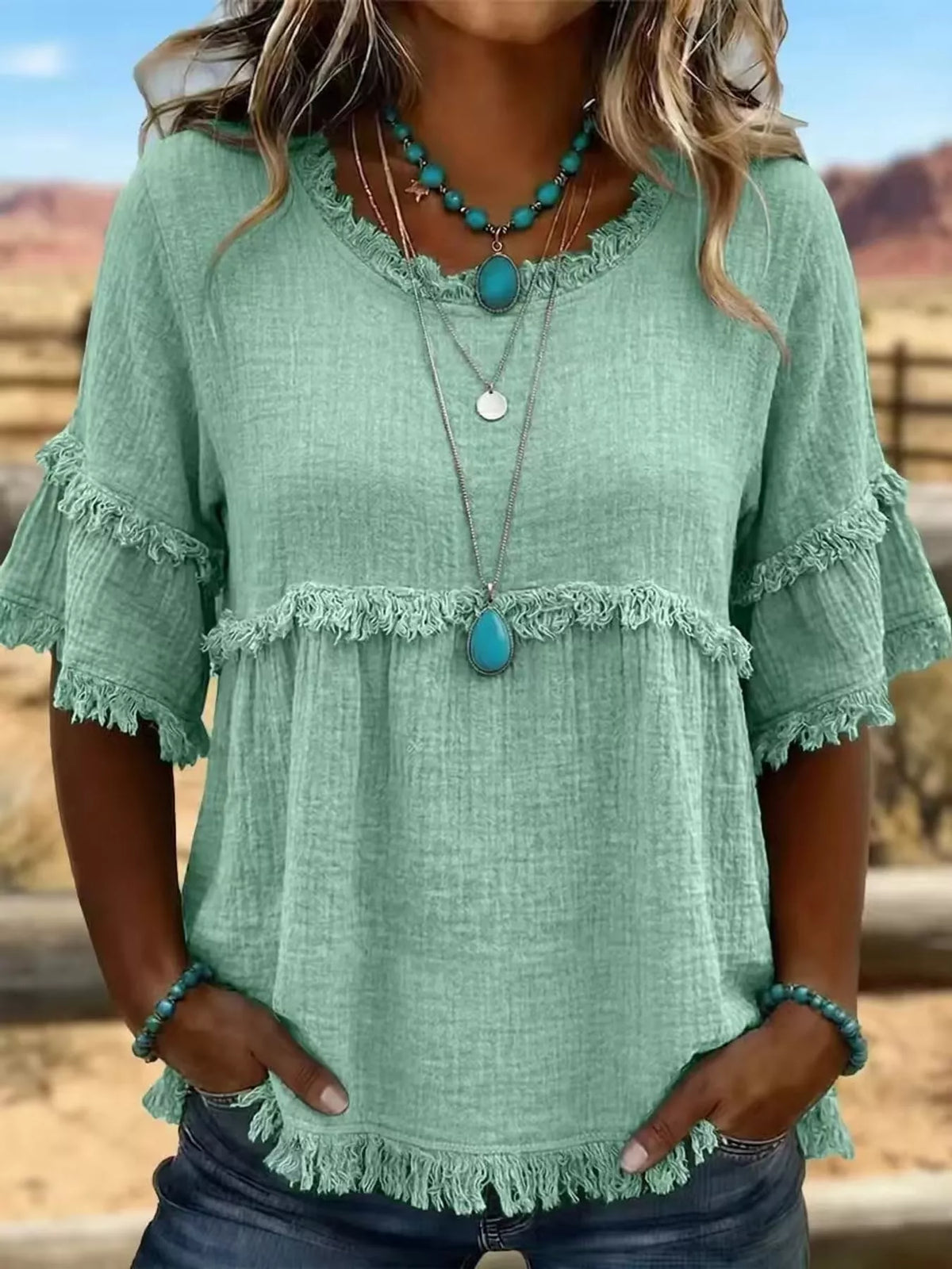 Full Size Frayed Edge Textured Blouse Plus Size