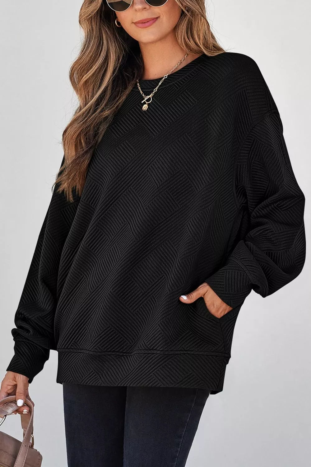 Solid Color Textured Round Neck Drop Shoulder Pullover Sweatshirt