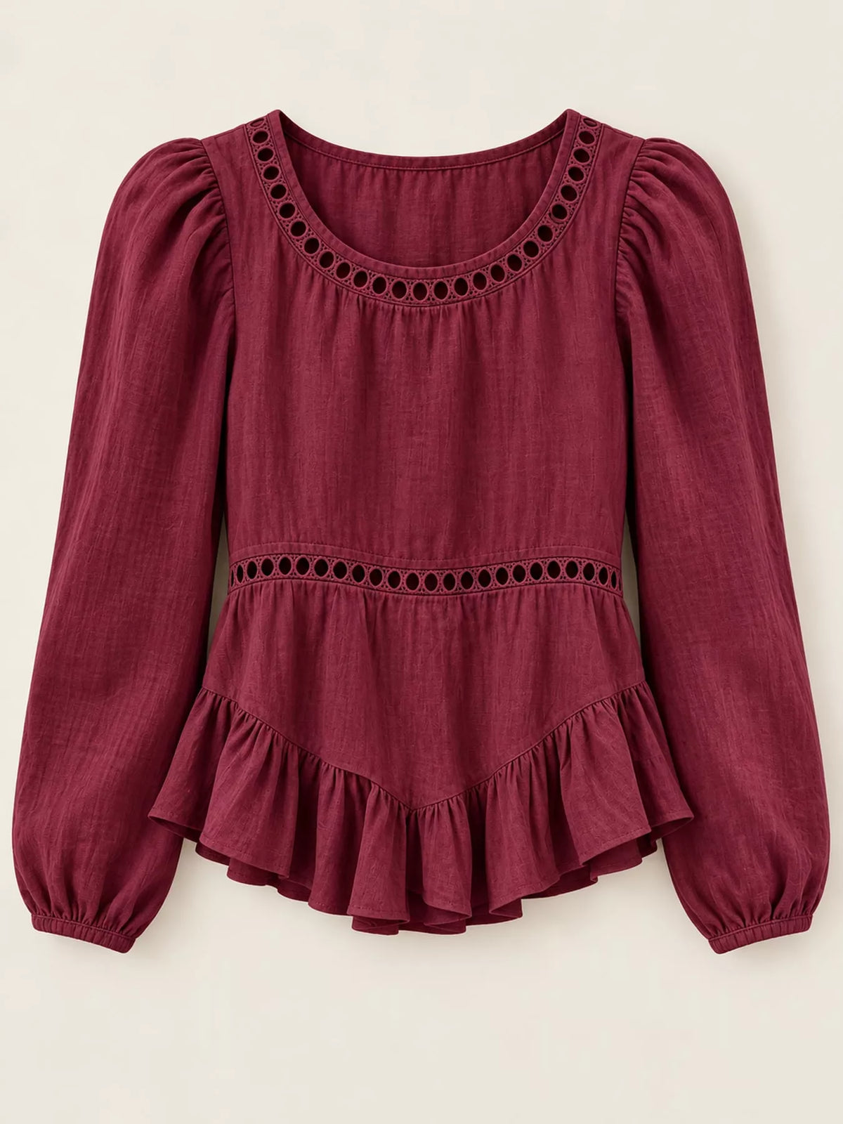 Long Sleeve Blouse with Eyelet Lace Trim and Ruffled Hem