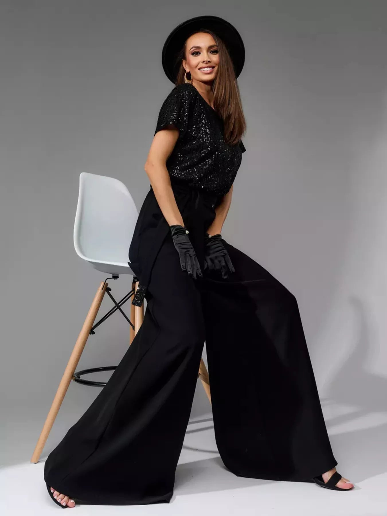 Full Size Sequin Short Sleeve Wide Leg Jumpsuit Plus Size