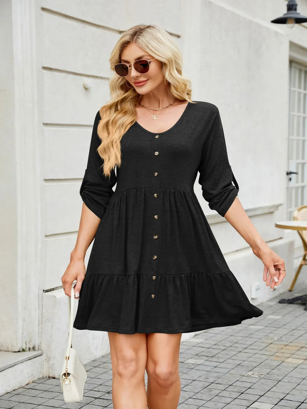 Tiered Ruched V-Neck Mini Dress