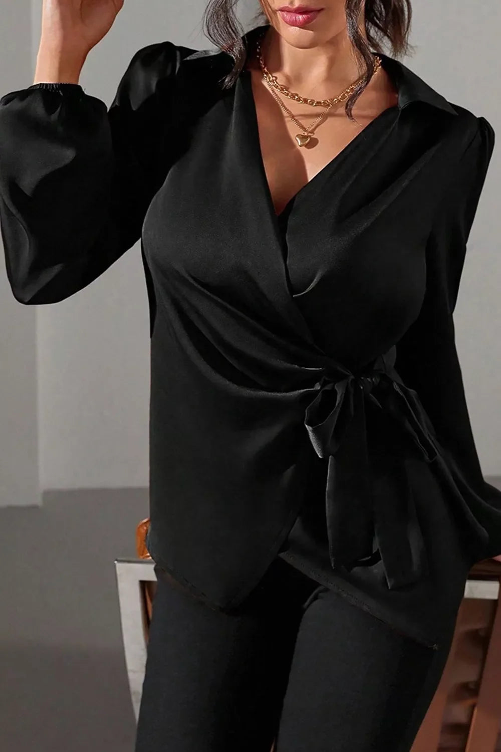 Satin Tied Detail Long Sleeve Blouse