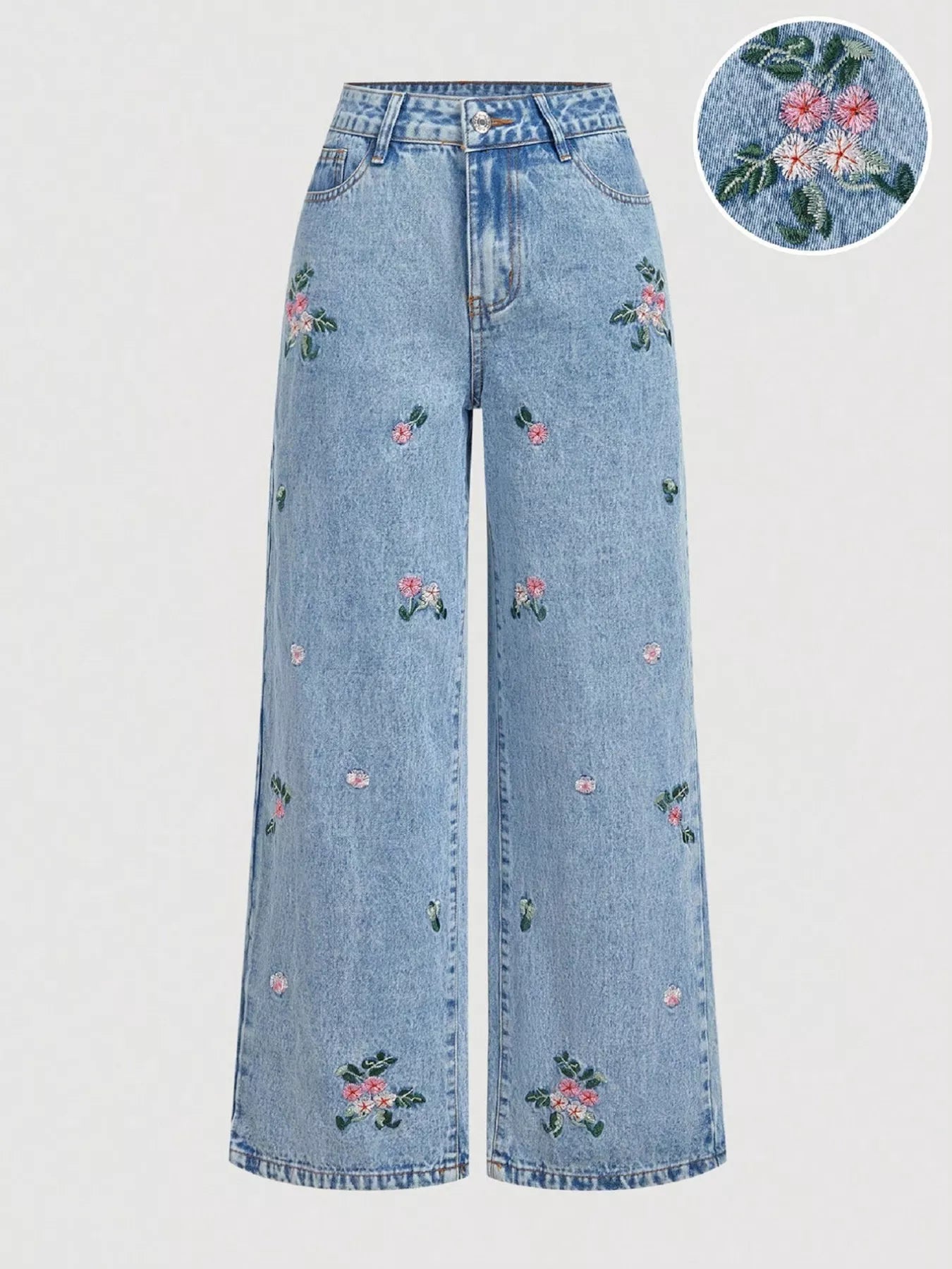 Embroidered Wide Leg Jeans