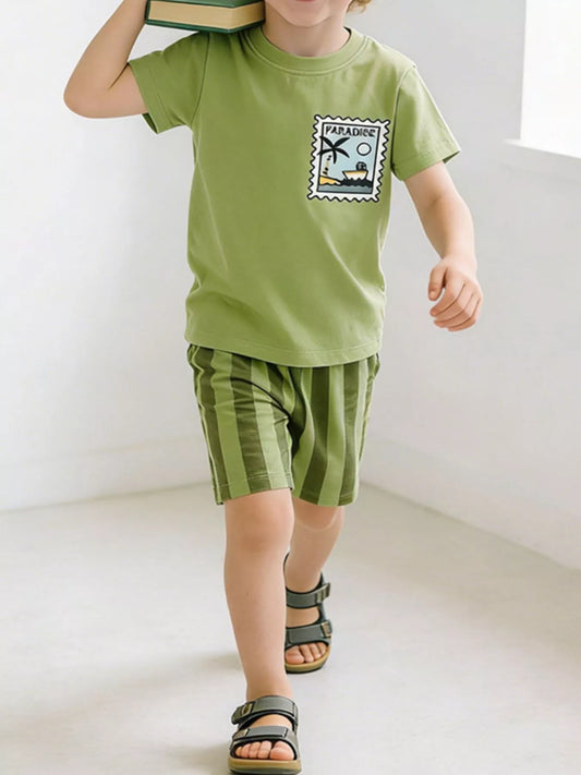 Children's Round Neck Tee & Striped Shorts Set