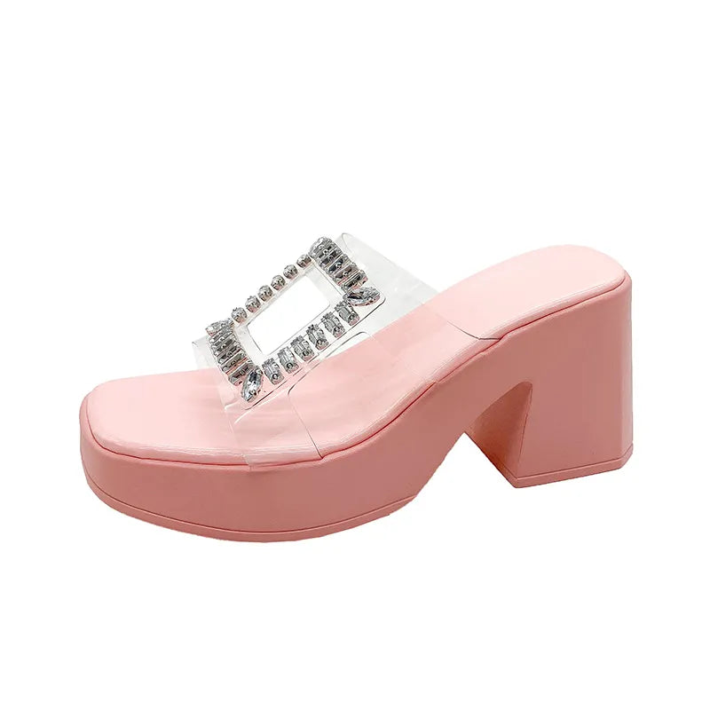 Rhinestone Open Toe Block Heels Sandals