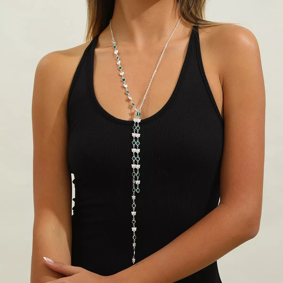 Rhinestone Butterfly Tassel Y‑Shape Lariat Necklace
