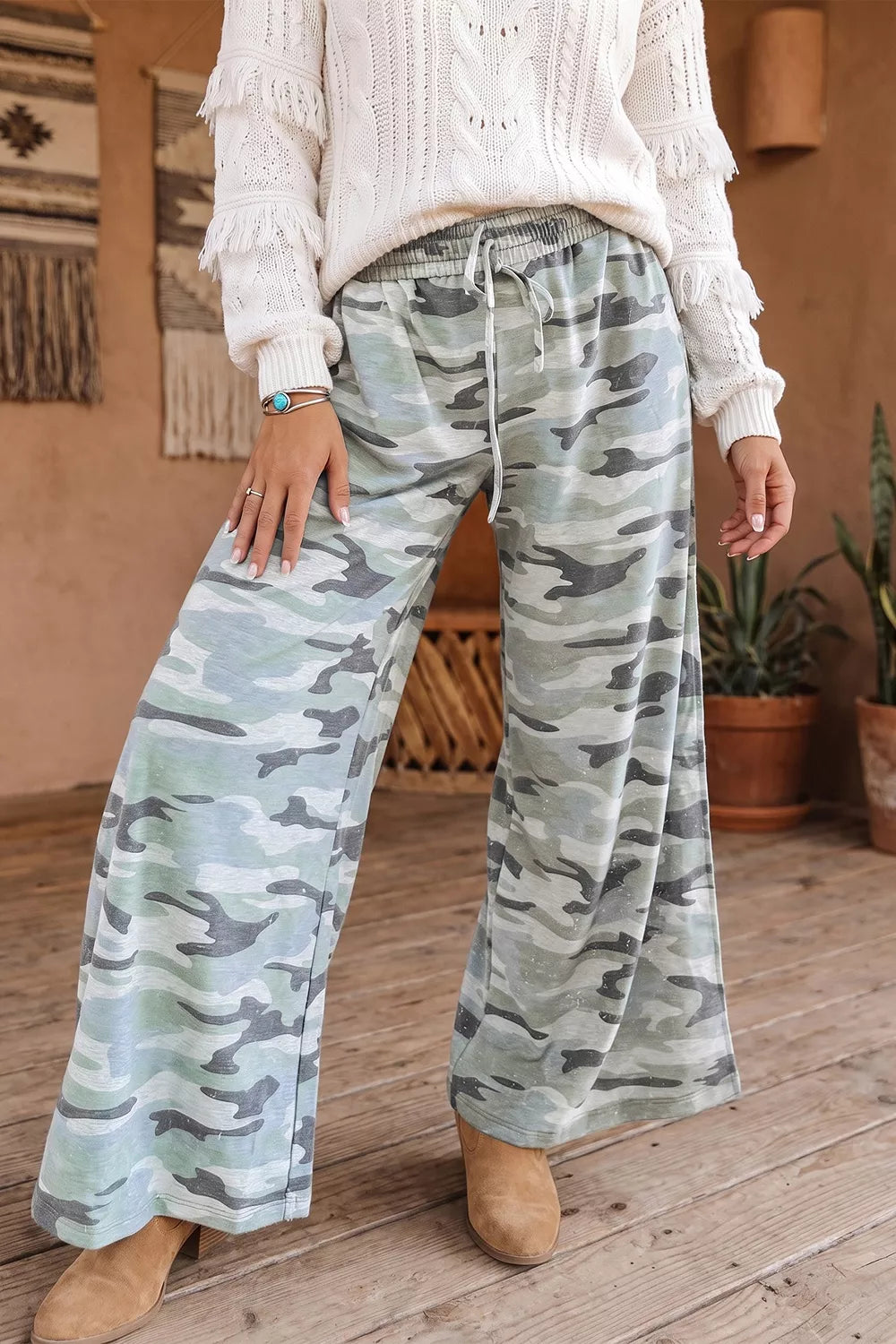 Camouflage Wide-Leg Drawstring Pants