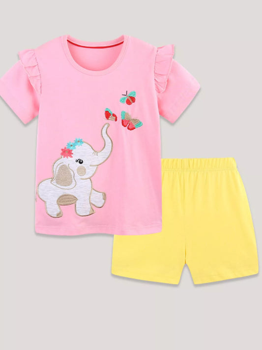 Children's Elephant & Butterfly Embroidered T-shirt and Shorts Set