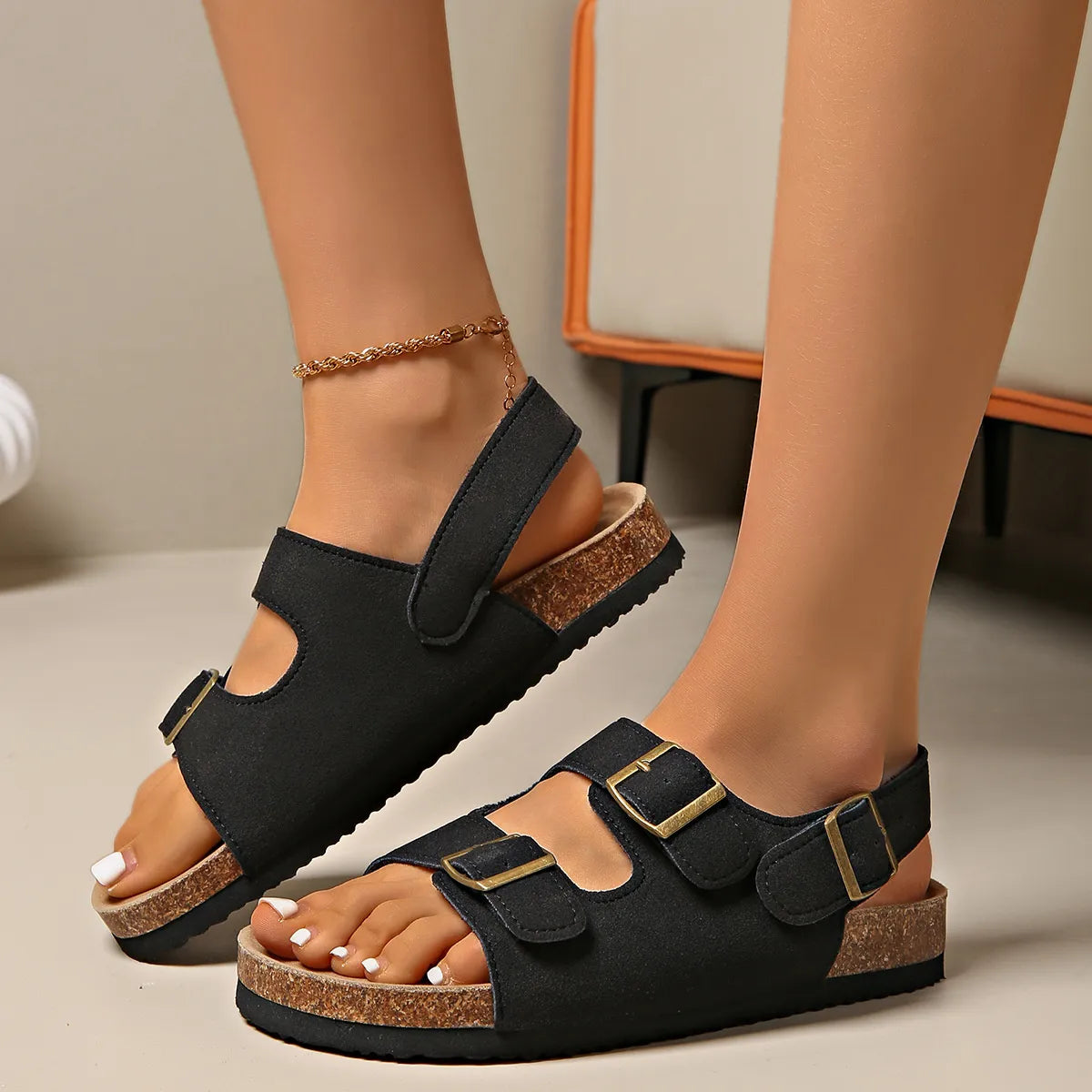 Double Buckle Cork Sole Sandals