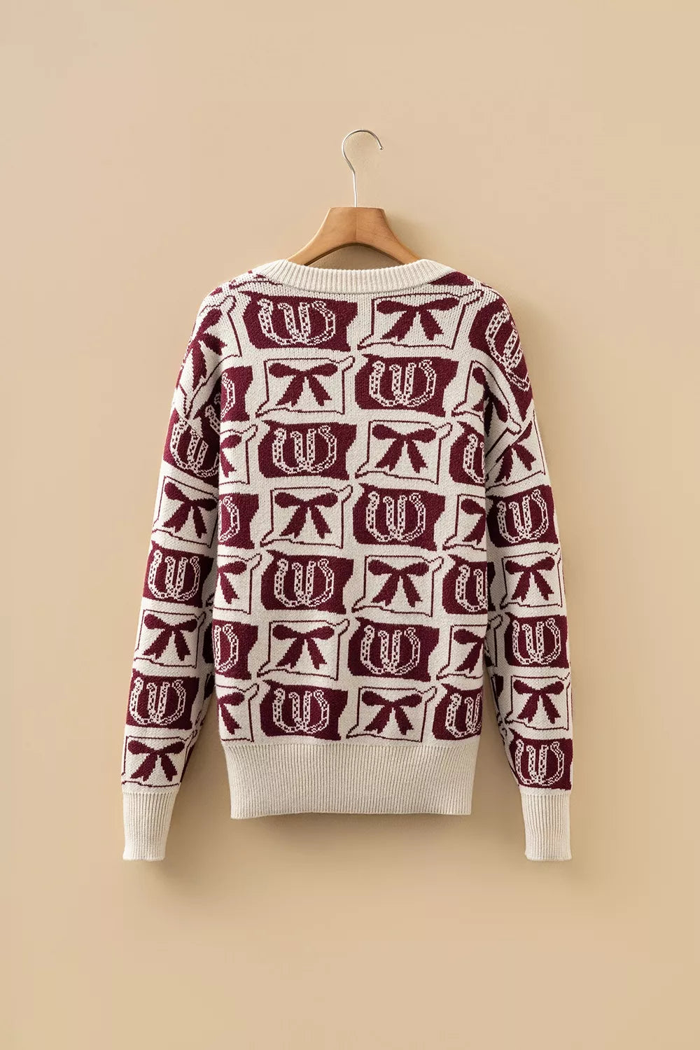 Bows & Horseshoes Pattern Western Round Neck Sweater