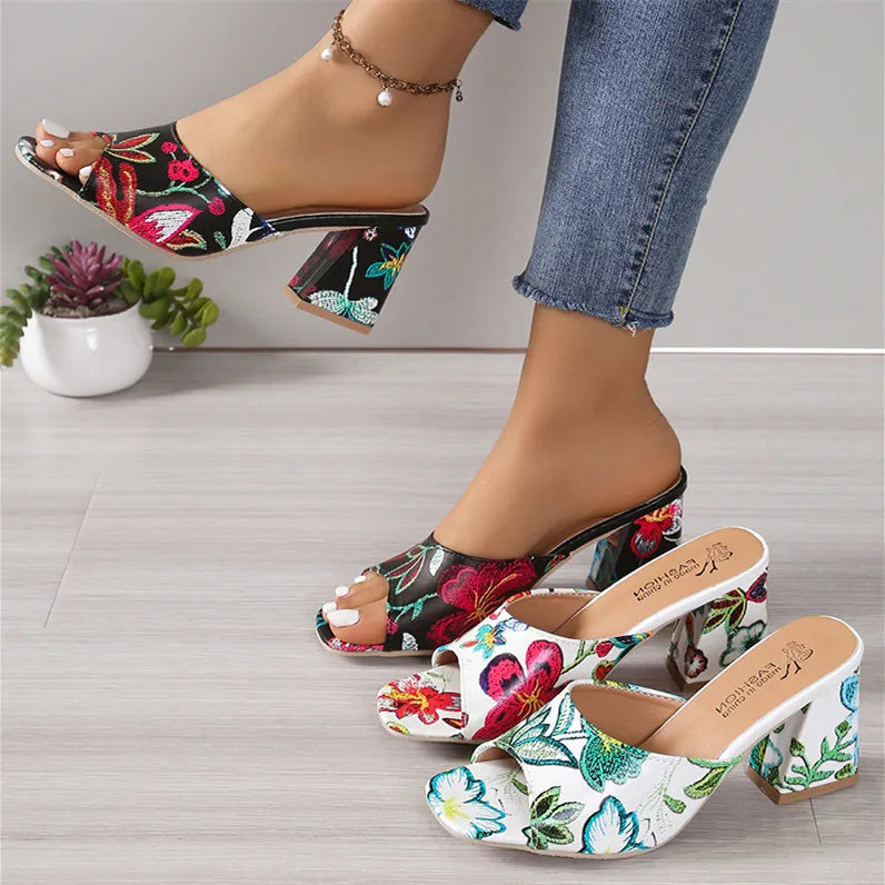 Printed Block Heels Sandals