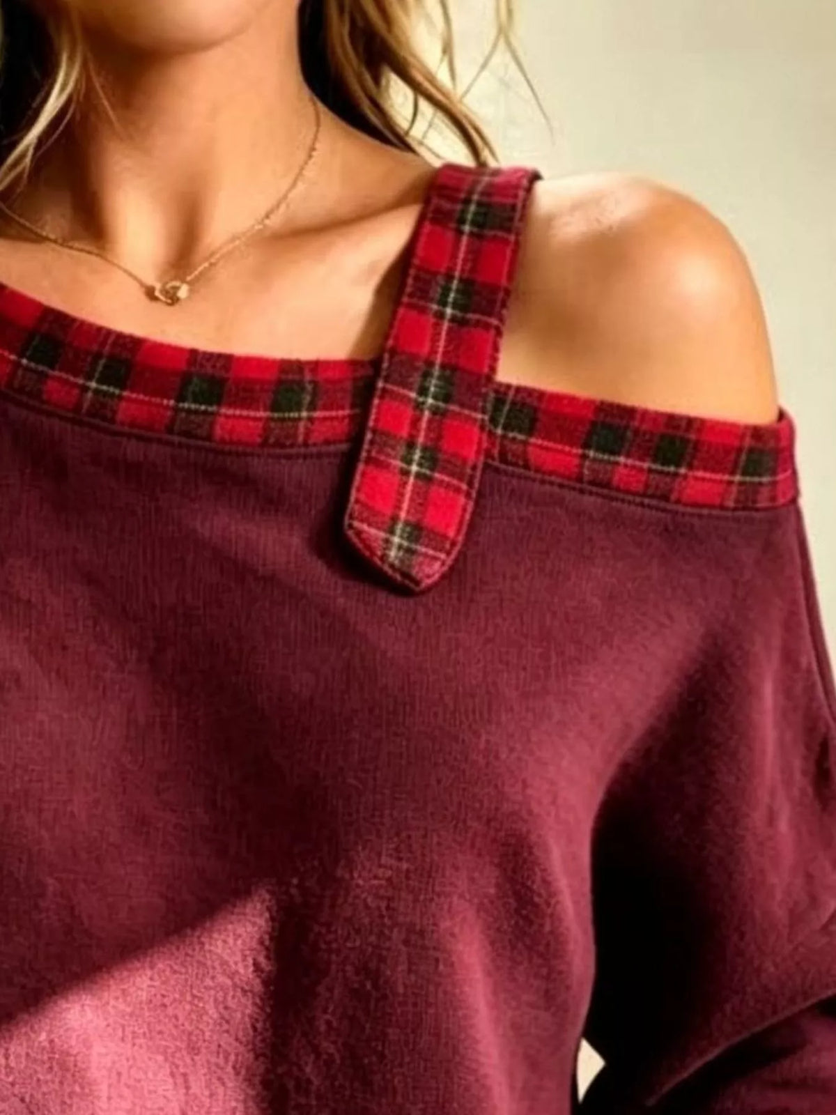 Full Size Cold-Shoulder Plaid Patchwork Long Sleeve Top Plus Size
